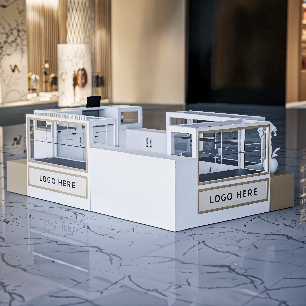 Insulă Expozițională Modulară cu Counter și Rafturi